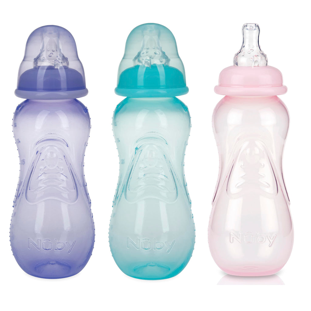 Nuby Non-Drip Standard Neck Bottles, 10 Ounce, Colors May Vary, Pack of 3 Bottles