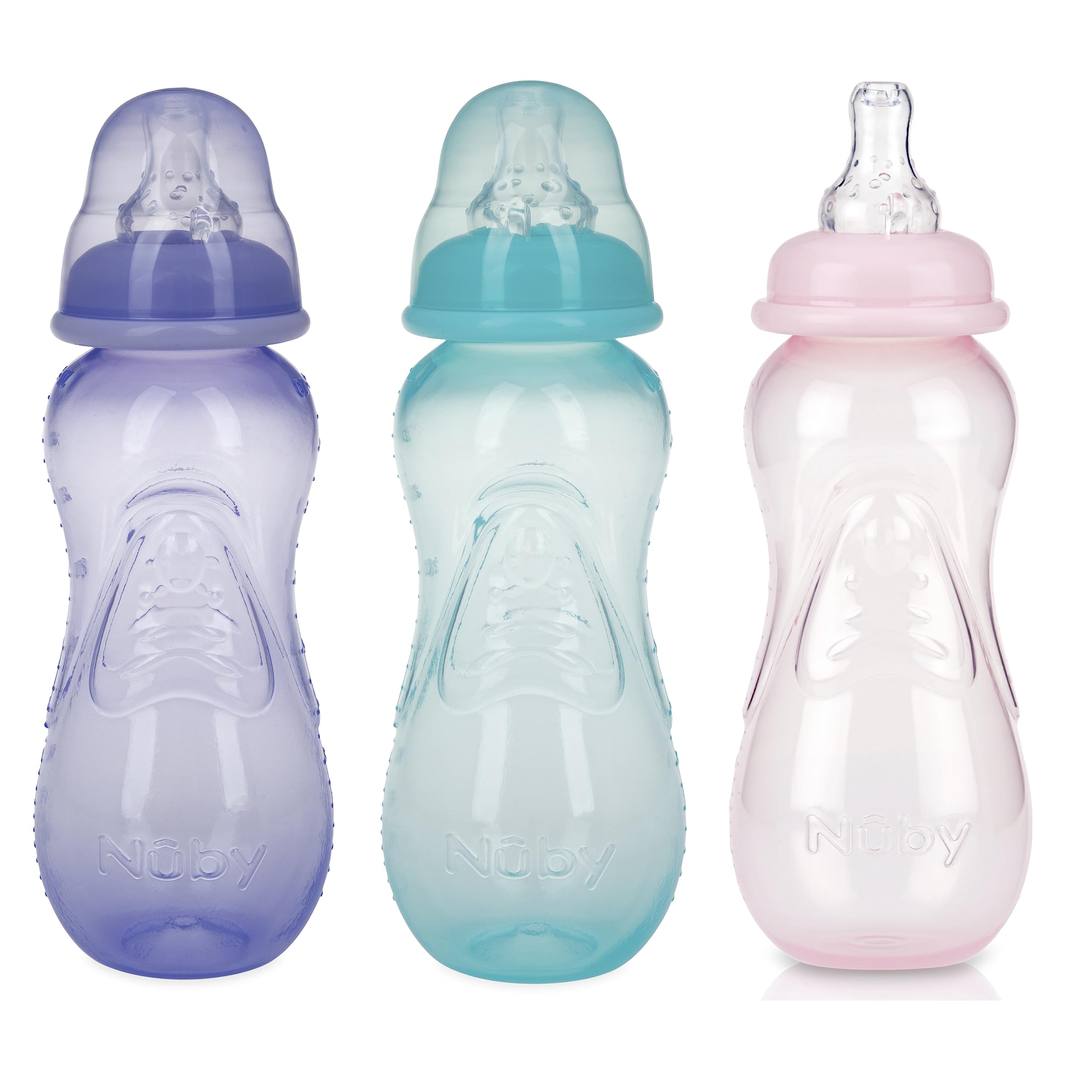 Nuby Non-Drip Standard Neck Bottles, 10 Ounce, Colors May Vary, Pack of 3 Bottles