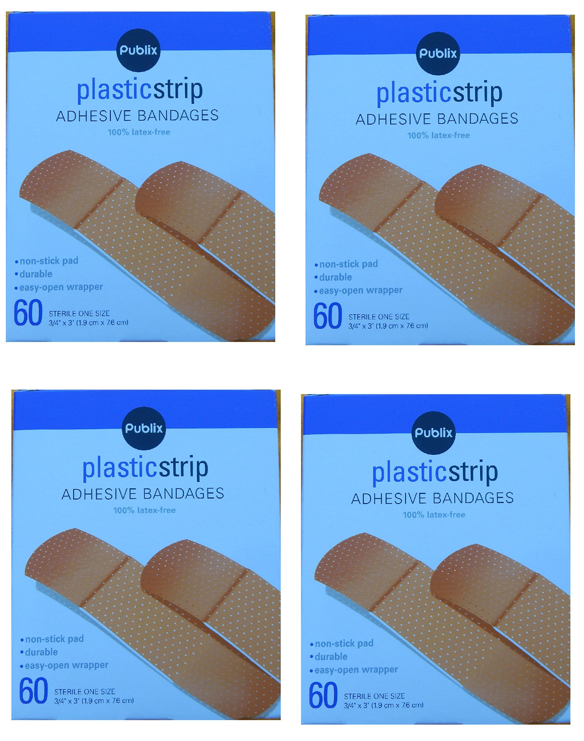 Publix Plastic Strip Adhesive Bandages Pack of 4 100% Latex Free 60 Count