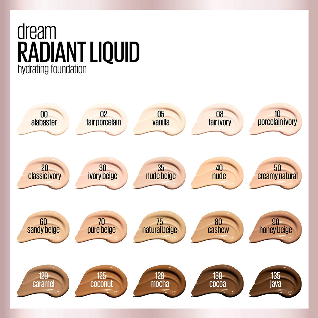 Maybelline dream Radiant Liquid Medium Coverage Hydrating Makeup, Lightweight Liquid Foundation, Alabaster, 1 Fl. Oz