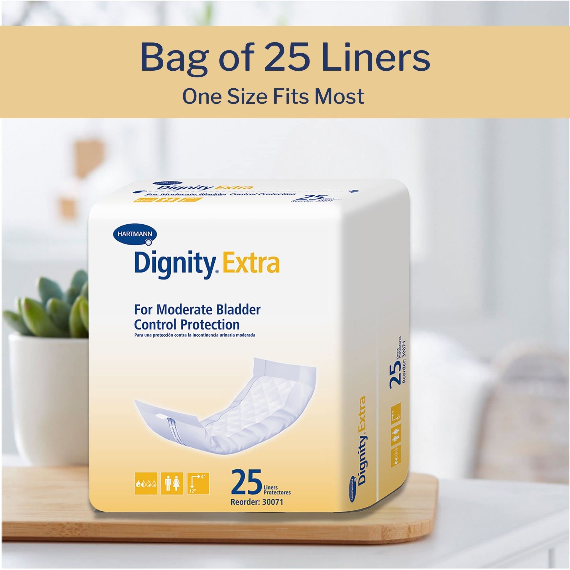 Dignity Extra Incontinence Liner for Men and Women - Bladder Leak Pads, Moderate Absorbency - One Size Fits Most, 4 in x 12 in, 25 Count, 1 Pack