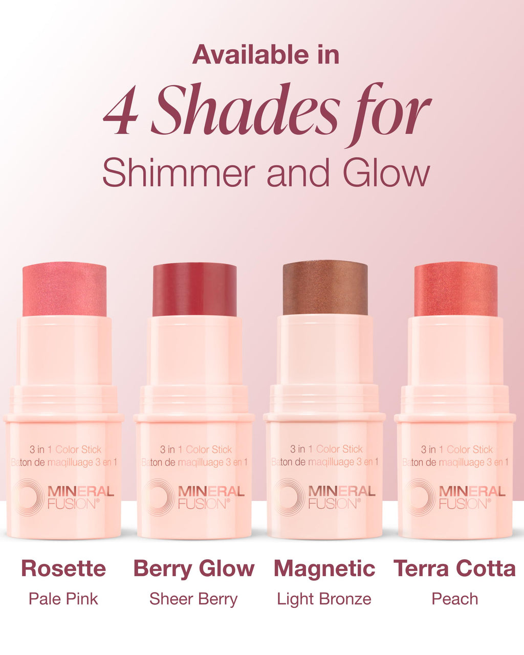 Mineral Fusion 3-in-1 Color Stick - Hydrating Cream Blush Tint for Cheek, Lip and Eye - Natural Multi Use Makeup (Rosette)