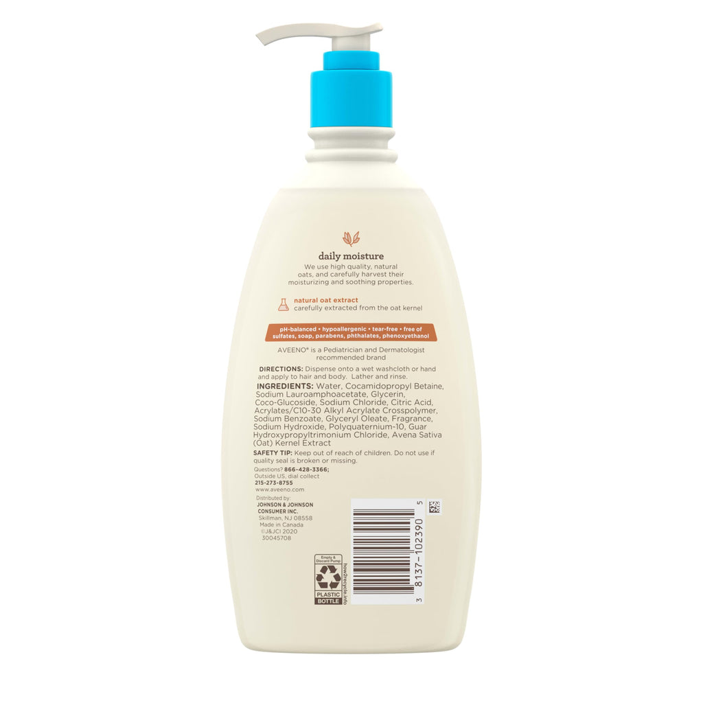 Aveeno Baby Daily Moisture Gentle Body Wash & Shampoo with Oat Extract, 2-in-1 Baby Bath Wash & Hair Shampoo, Tear- & Paraben-Free for Hair & Sensitive Skin, Lightly Scented, 18 fl. oz
