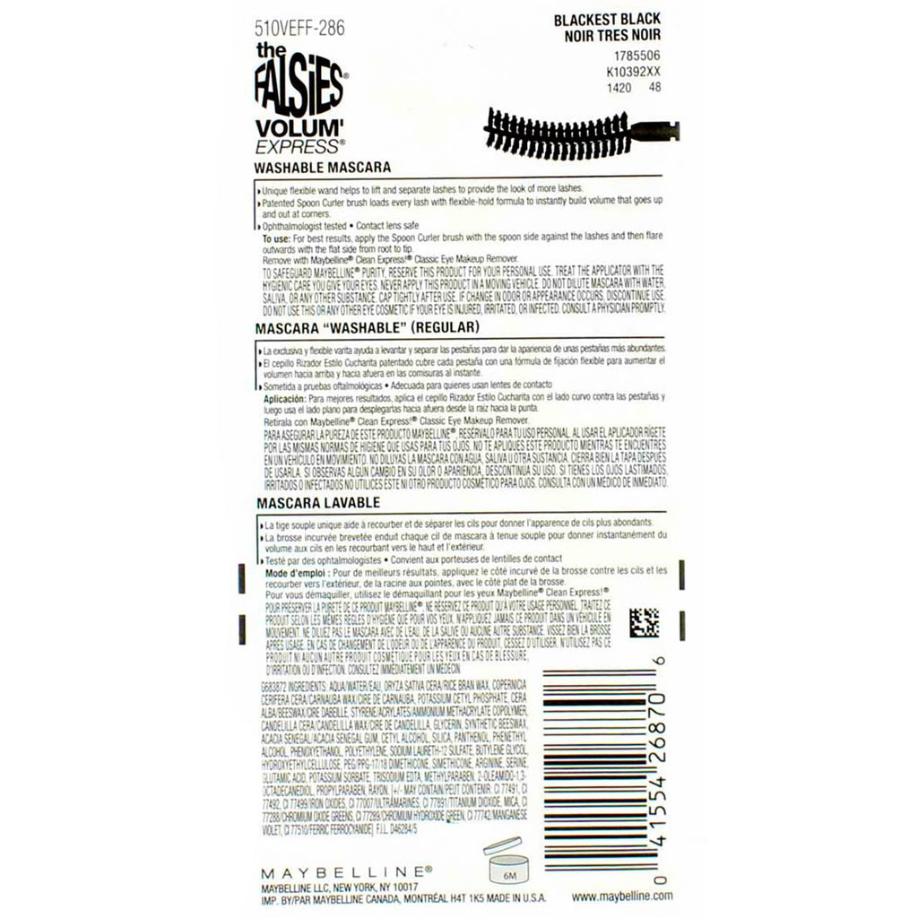 Maybelline New York, Volum' Express The Falsies Flared Washable Mascara, Blackest Black 00, 1 Count